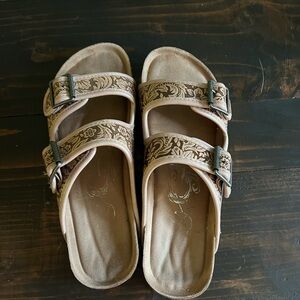 Very H brand tooled leather sandals. Size 8.5